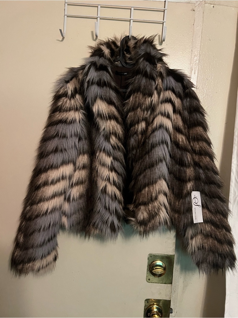 Striped Faux Fur Teddy Jacket in Black and Cream - Unbranded